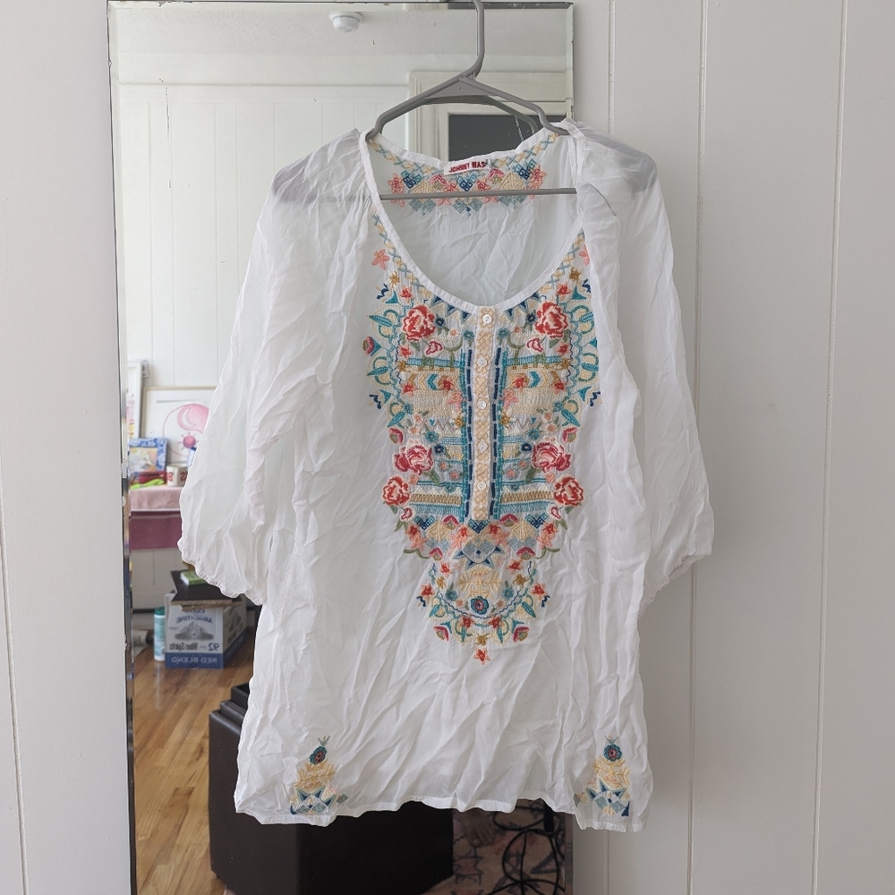 Johnny Was Embroidered Floral Cupra Long Tunic Blouse Top White M medium